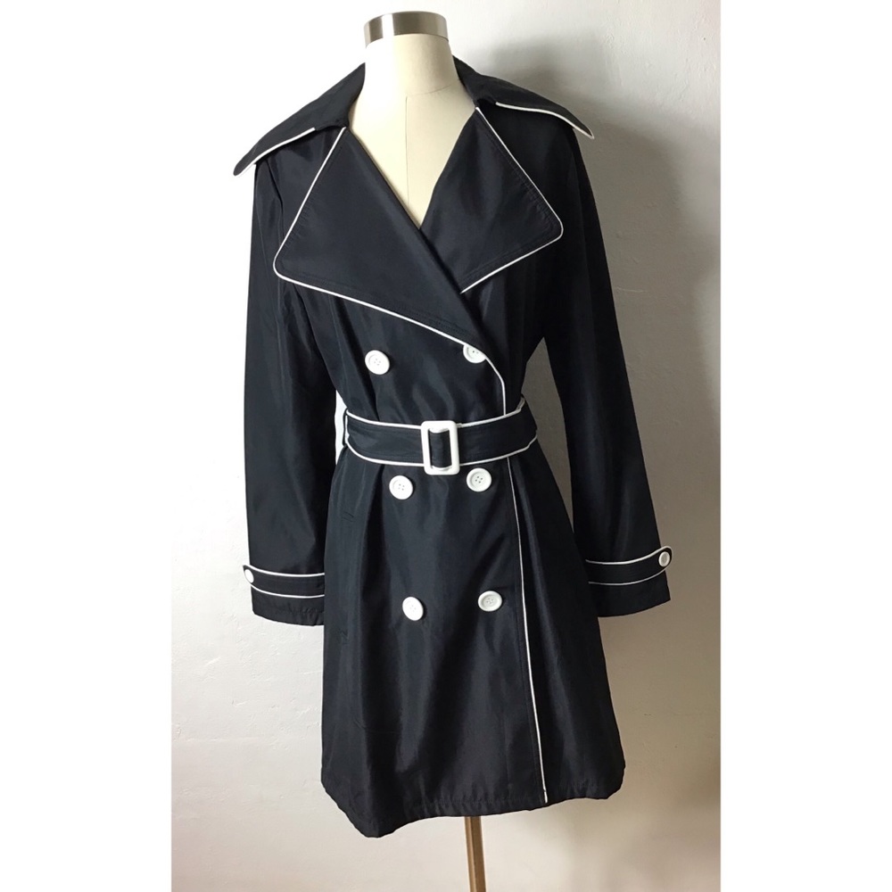 Vertigo black w/ white piping retro style collared belted rain tench coat jacket - Picture 3 of 12